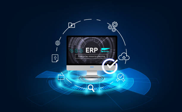 business professional Enterprise resource planning ERP electronic account login secure connection for online HR management software solution with office desk background as wide banner design